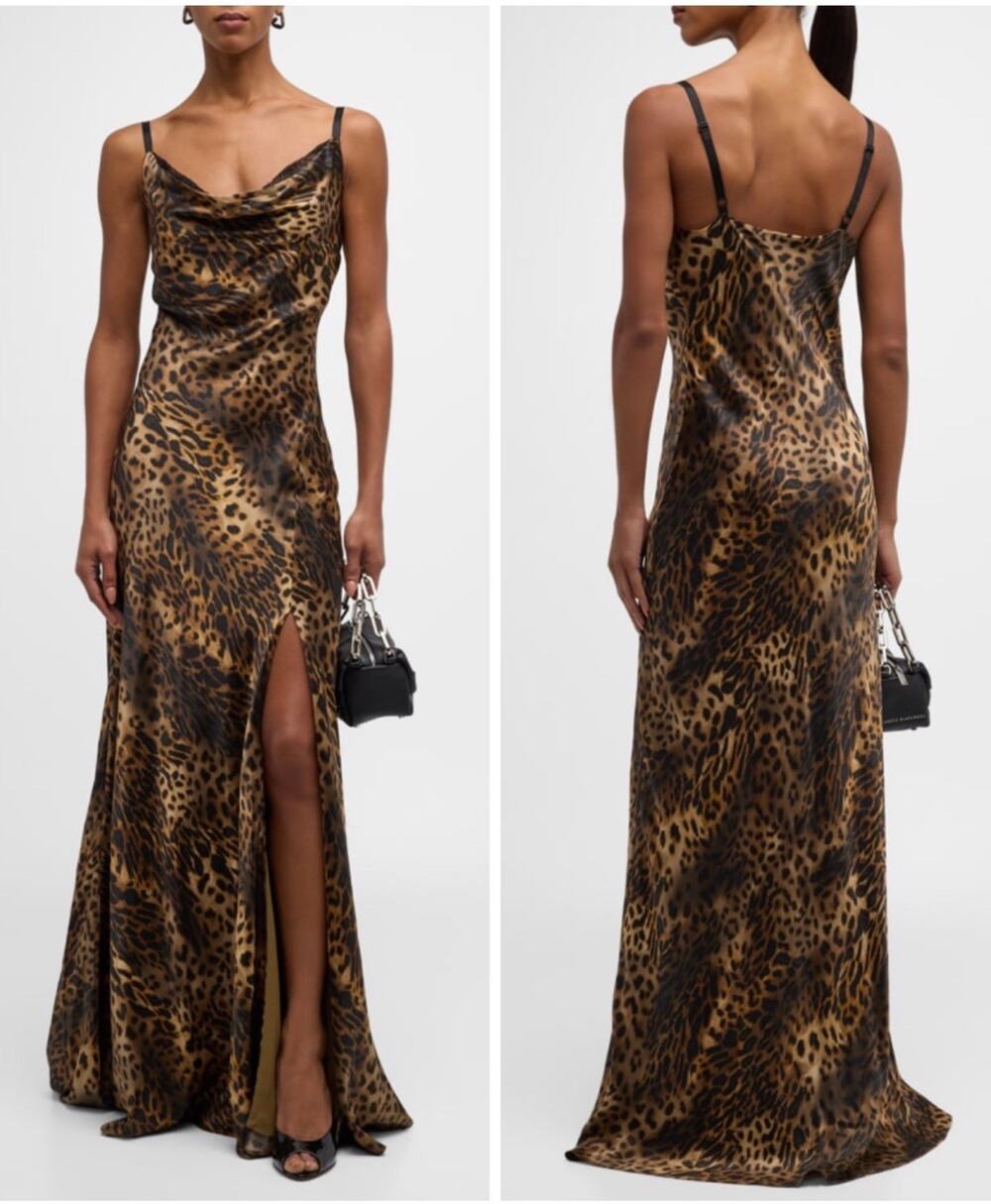 L’Agence Venice Leopard Print Silk Lace Cowl Neck Gown Maxi Dress Size 2